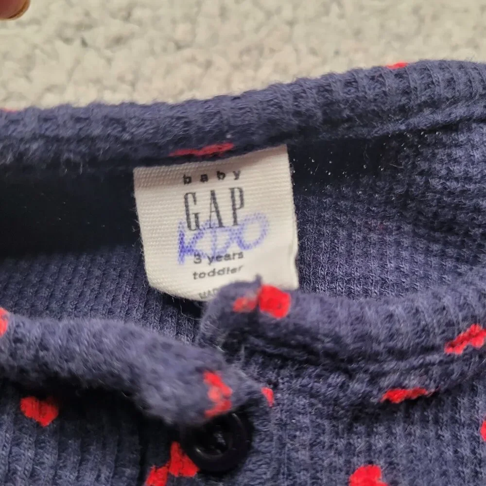 Baby Gap Shirt Girls Toddlers 3 Years Blue Red Hearts Waffle Knit Peplum Ruffles
